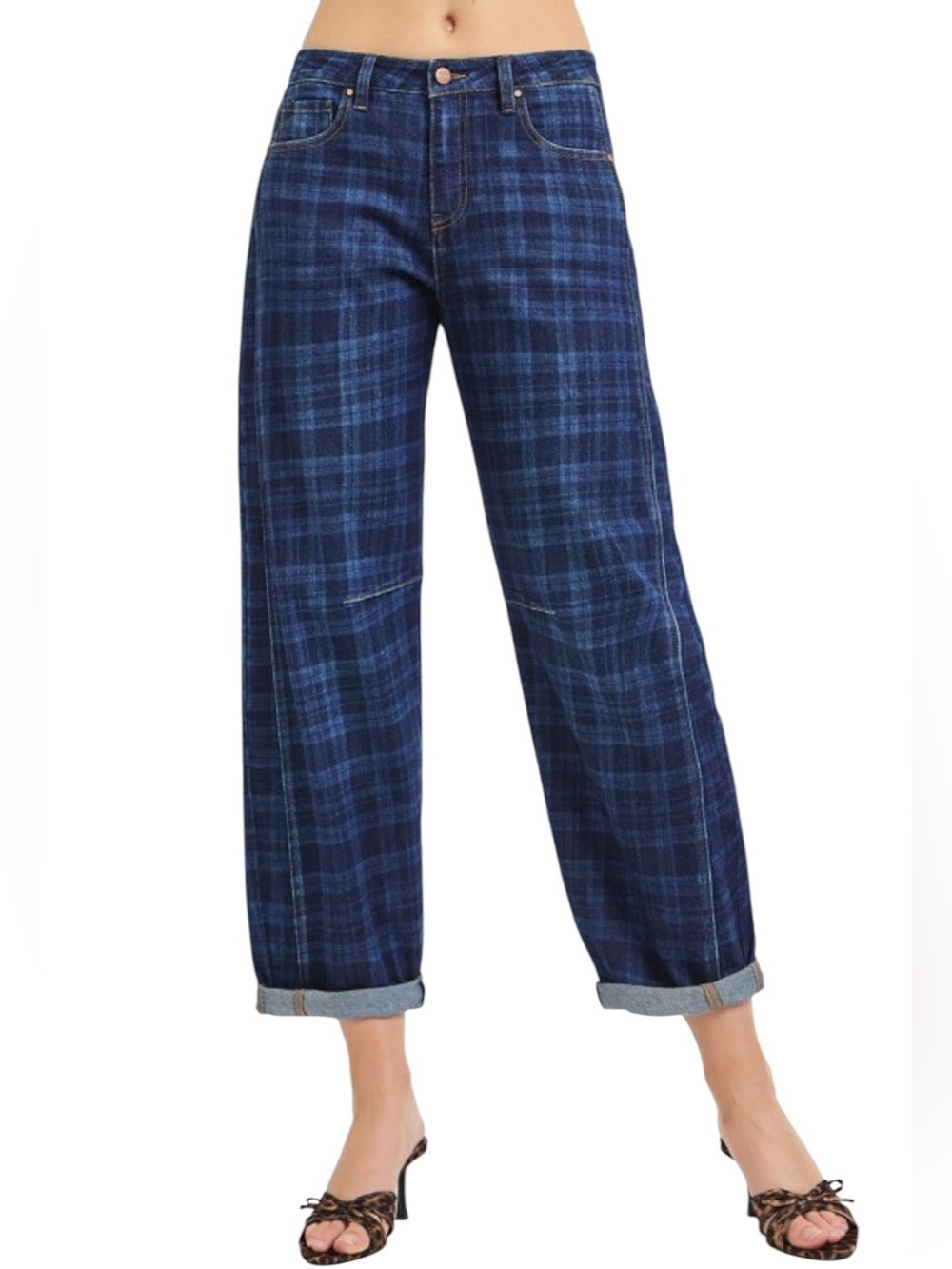 604. Risen Dark Denim Plaid High Rise Ankle Barrel Jeans NEW - Picture 2 of 5